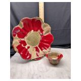 Crossroads red and tan ceramic flower platter and bowl set