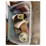 Tote with pottery, basket, collectibles