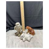 Set of 3 ceramic animal figurines owl bear cat