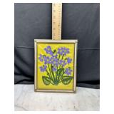 Framed floral embroidery art purple and yellow