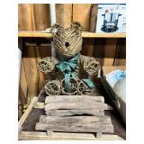 Handcrafted Wicker Bear Figurine with Green Ribbon