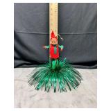 vintage Elf ornament christmas tree topper with green tinsel skirt