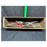 Small wooden box of knives etc