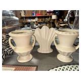 Pair of pottery urn vases and fan vase
