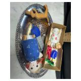 Vintage bisque doll, celluloid bobble heads, carved dog, pez dispenser