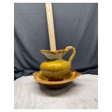 Ceramic pitcher and basin set yellow brown glaze