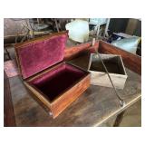 Wooden velvet lined box and wooden box with metal tool