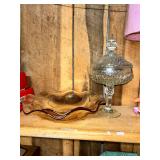 Amber Iridescent Ruffled Glass Bowl and Clear Cut Glass Pedestal Candy Dish with Lid