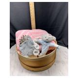 Mud Pie baby hats, crochet blanket and bear in wooden box