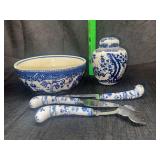 Blue and while chinoiserie serving utensils,blue willow bowl and blue and white ginger jar lid has been repaired