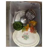 Box of glassware, faux grapes, platter