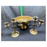 Brass candelabras and bowl one is missing a piece