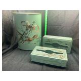 Vintage metal paint by number pheasant trash can and tissue holders