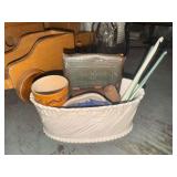 Vintage pottery, crochet hooks, needles, book, wooden egg stand