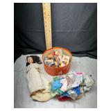 doll lot with clothes and accessories in hat box
