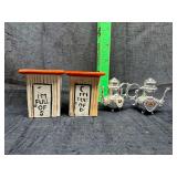 Outhouse and teapot sale and pepper shakers
