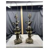 Pair of metal and smoke glass ewer table lamps
