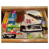 Kitchen drawer lot- OXO julienne slicer, chopsticks, candy thermometer, ziploc bags and foil, misc