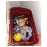 Assorted toy lot in storage bin
