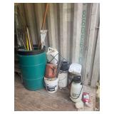 Assorted garden tools and storage barrel lot