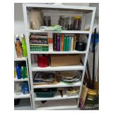 Shelf with books/magazines and jars of hardware, serving pieces