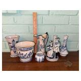 Blue and White Delft style dishes and vases and figurine