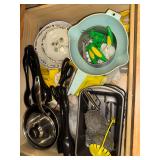 Kitchen drawer lot- cookware, dishes, more