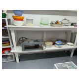 2 painted wooden tables used as shelving contents not included