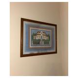 Framed folk art house and horse carriage print 1990s country aesthetic