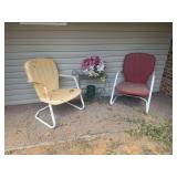Pair of metal lawn chairs yellow and red and iron plant stand