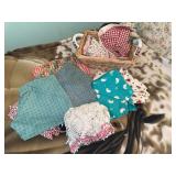 Basket of 1990s fabric remnants and doily- goose, teddy bears, country blue