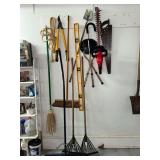Rakes, hedge trimmer, pruners, saw, level, push brooms