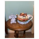 elephant figurine and noahs ask teapot