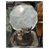 Silver Plate Trays, Teapot, Candle sticks and Hammered Aluminum Tray