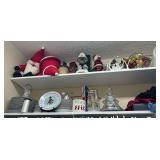 CHristmas Dishes, Christmas Decor, Tupperware and clothes on top 2 shelves in closet