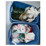 2 totes of Christmas decor and decorative lantern
