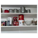 Serving bowls, cruet, air pump, water filter pitcher, coffee cans