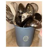 Kitchen Utensils in Blue Tupperware Canister