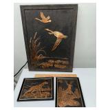 Vintage embossed copper relief art set geese, bird dog and stag