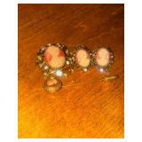 cameo brooch, earrings and pin