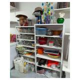 2 shelves in garage and contents- jars, hats, misc household items