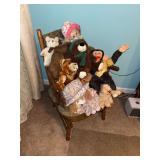 Assorted plush toys and dolls lot of 9pcs and side chair