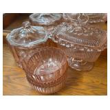 5pcs Pink Depression- 2 candy dishes and 3 berry bowls