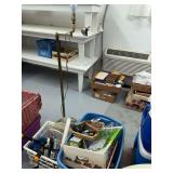 Floor lamp and 3 boxes shop related and household tools and items