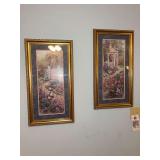 Pair of framed garden prints in ornate gold tone frames