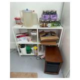 Shelf and contents-Tupperware pitcher, DURAFLAME heater, canning jars and more
