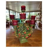 Vintage Christmas decor multi tiered Metal candelabra with satin ruby tulip cadmium cable votives paragon candle company RARE FIND