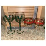 Pair of Vintage Culver Season’s Greetings Women Glasses With Pair of Hand Painted Christmas Holly Wine Glasses