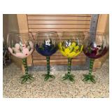 4 Hand Painted Flower and Butterfly Wine Glasses