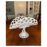 Westmoreland milk glass open lace banana stand